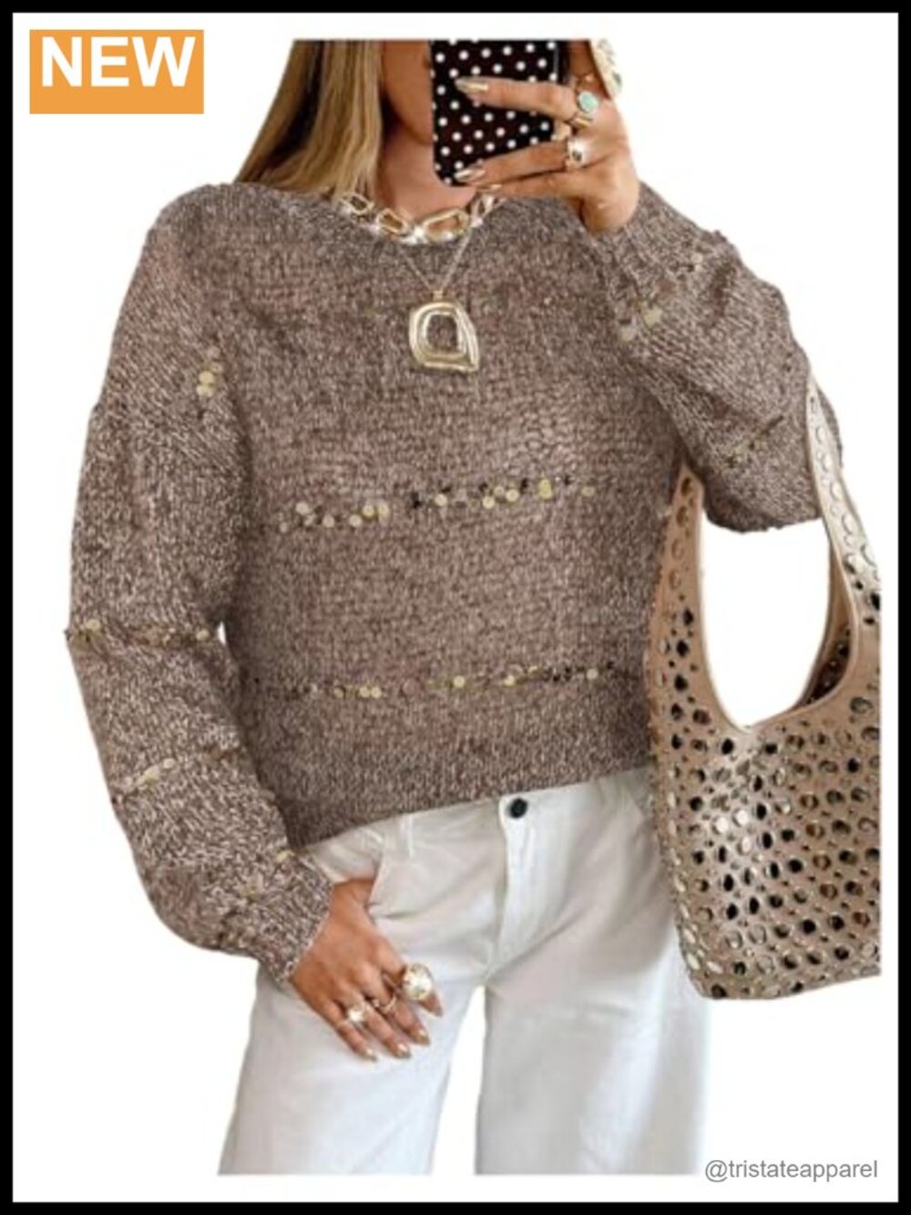 SHENHE Women's Sequin Pullover Sweater Crew Neck Long Sleeve Loose Fit